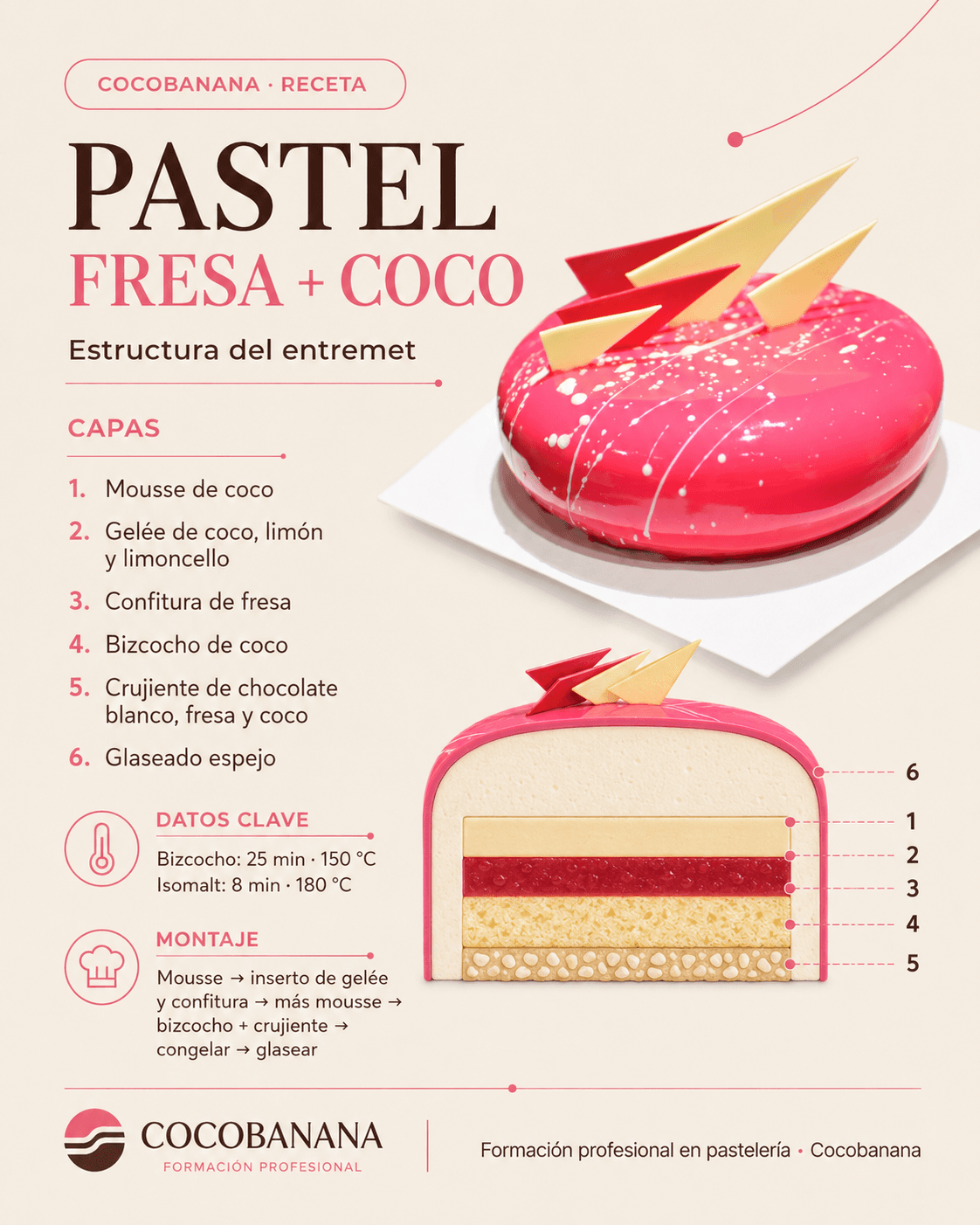 Pastel Fresa y Coco con glaseado espejo y esquema de sus diferentes capas